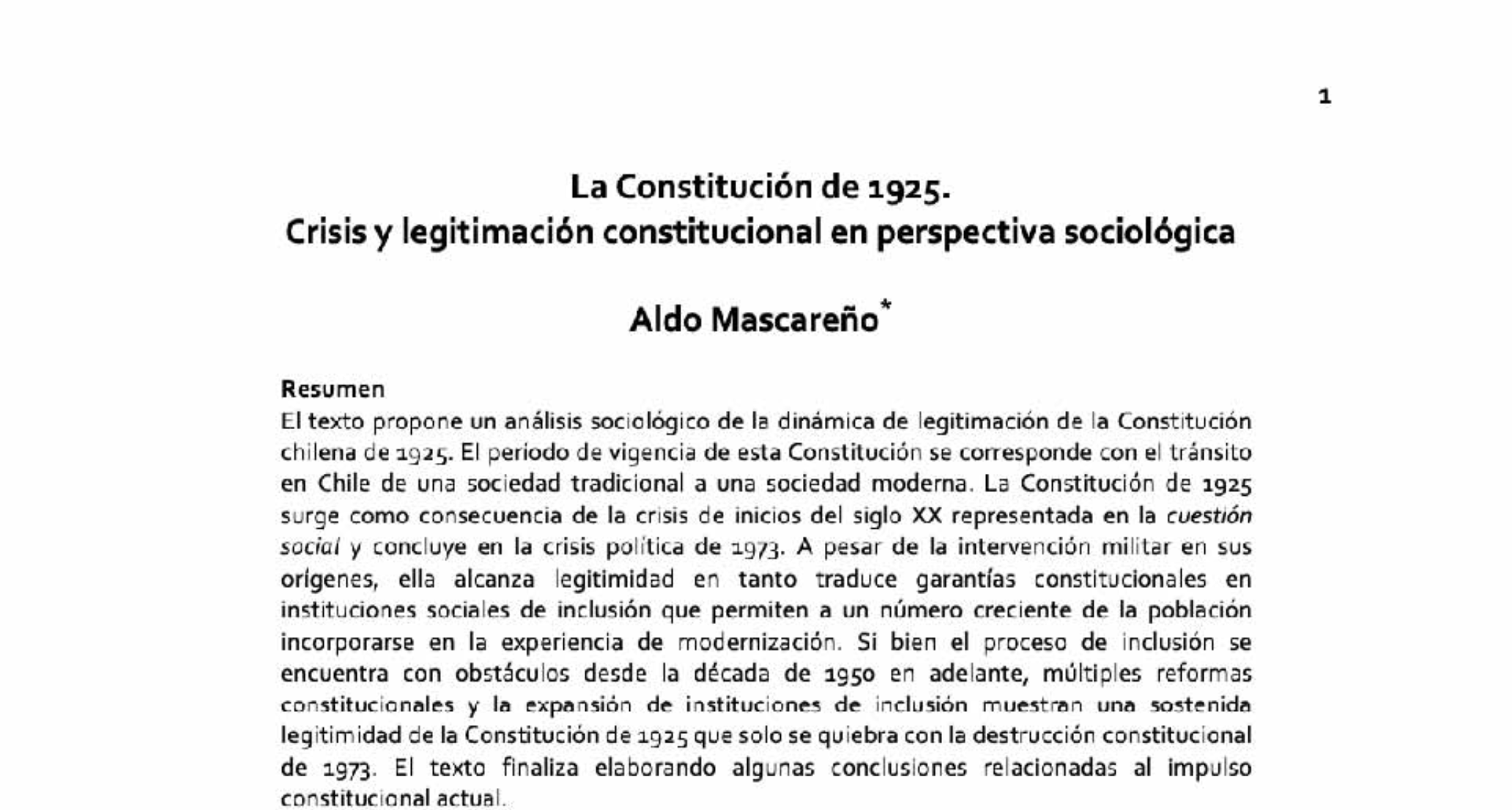 La Constitución de 1925: Crisis y legitimación constitucional en perspectiva sociológica